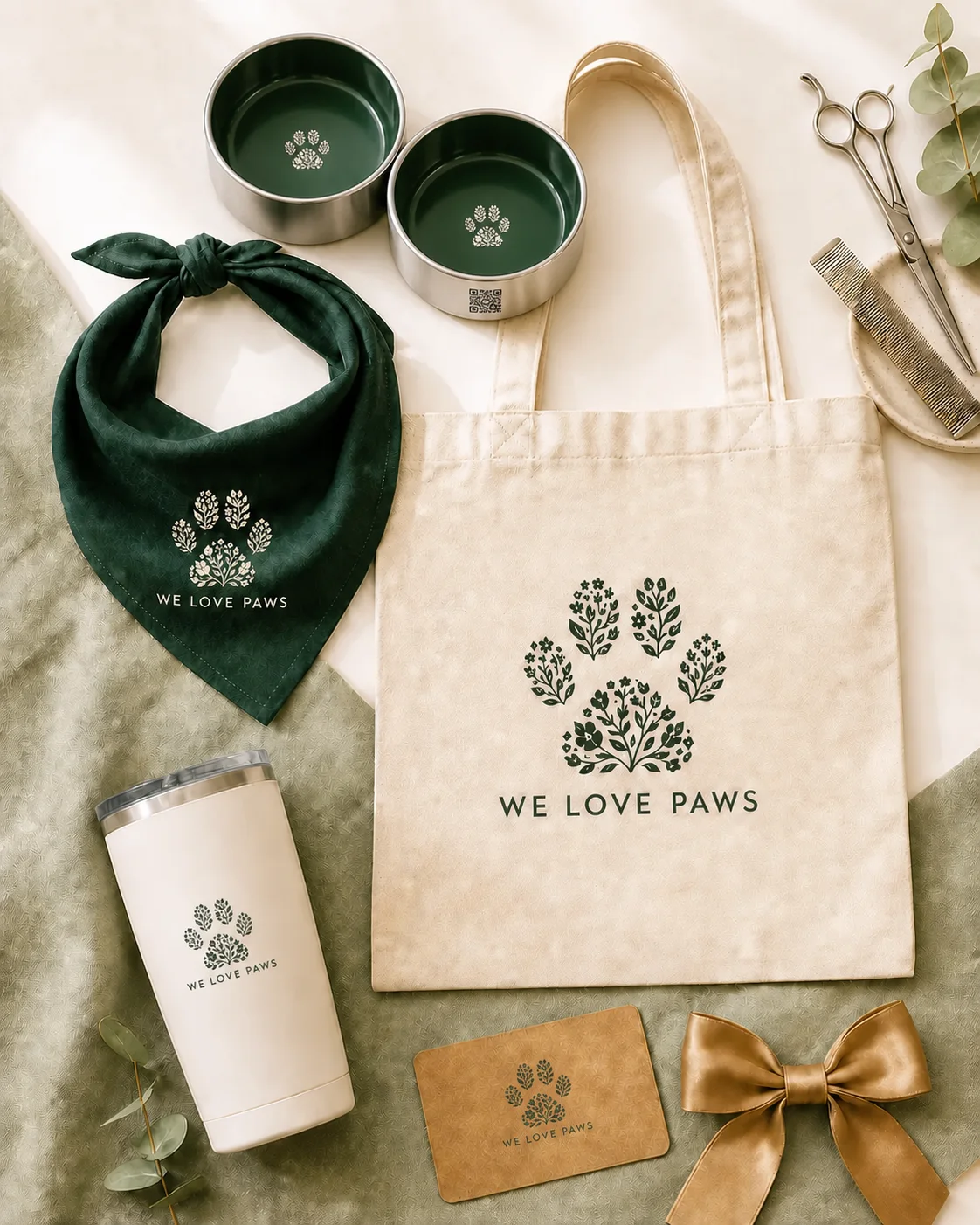 We Love Paws branded mockup collection with a forest-green bandana, canvas tote, travel tumbler, and matching stainless-steel food-and-water bowls with a QR-code detail